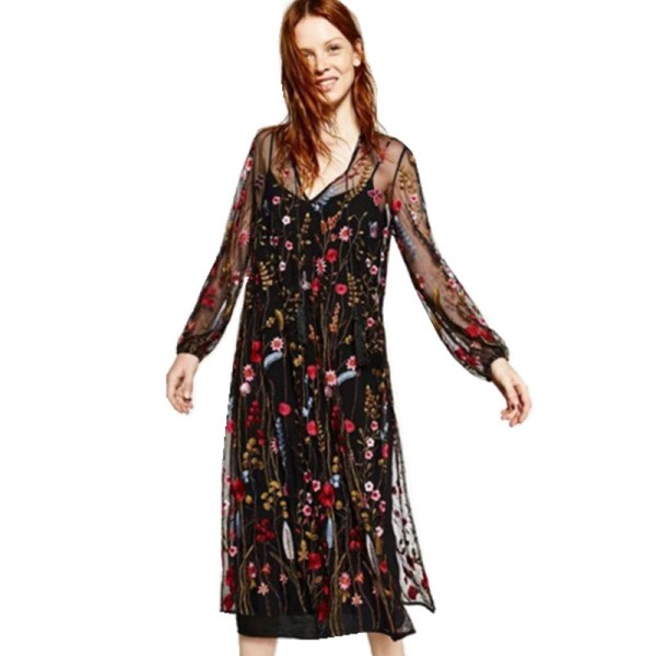 Bohemian Black color Colored Flower Embroidery Mesh Dress 2017 New Woman Fringed V neck Side Slit Long Dresses Femme 