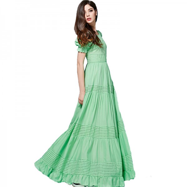 Bohemian Dress High Quality 2017 New Fashion Summer Long Dress Short Sleeve Hollow out Green /Blue Cotton Long Dress