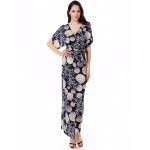 Bohemian Women Summer Long Maxi Beach Dress Deep V Scallops Print Maxi Dress Empire Plus Size Dresses 6XL with Sash