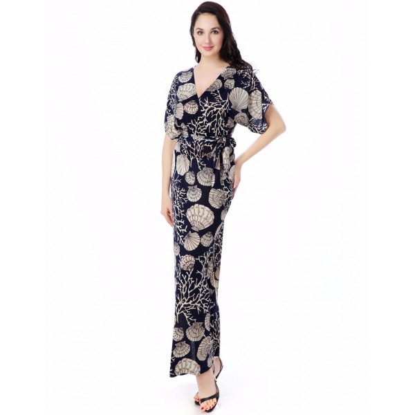Bohemian Women Summer Long Maxi Beach Dress Deep V Scallops Print Maxi Dress Empire Plus Size Dresses 6XL with Sash