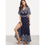 Bohemian style long maxi women dress long sleeve printing boho dress hot sale slim blue long holiday dresses floor length dress