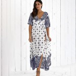 Bohemian style long maxi women dress long sleeve printing boho dress hot sale slim blue long holiday dresses floor length dress