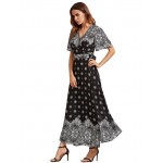 Bohemian style long maxi women dress long sleeve printing boho dress hot sale slim blue long holiday dresses floor length dress