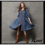 Boho Famous designer brand dresses Women 's Dress vintage embroidery denim Dress casual big hems jeans dress draw cord plus size