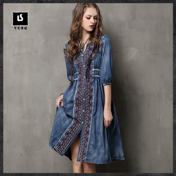 Boho Famous designer brand dresses Women 's Dress vintage embroidery denim Dress casual big hems jeans dress draw cord plus size