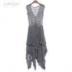 Boho People hippie Style Asymmetrical embroidery Sheer lace dresses double layered ruffled trimming low V-back (No lining)