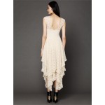 Boho People hippie Style Asymmetrical embroidery Sheer lace dresses double layered ruffled trimming low V-back (No lining)