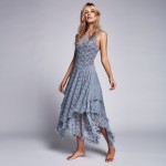 Boho People hippie Style Asymmetrical embroidery Sheer lace dresses double layered ruffled trimming low V-back (No lining)