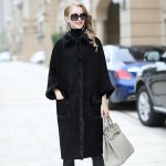 Brand Besty women female luxury western style long full pelt sheepskin coat waist with natural real mink fur turn down collar