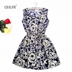 Brand Fashion Women New Apricot Sleeveless Round Neck Florals Print Pleated Dress 2015 Saias Femininas Summer Clothing