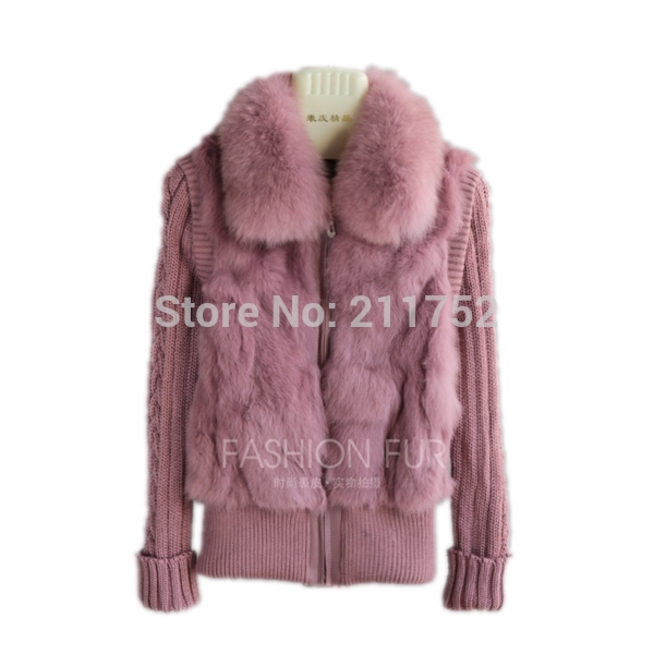 Brand New natural rabbit fur jacket with real fox fur collar real rabbit fur coat in stock