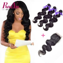 Brazilian Virgin Hair With Closure 3 Bundles Brazilian Body Wave With Closure 8"-24" 4X4 Lace Closure Human Hair Weave Bundles