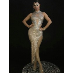 Bright Crystals Women Dress Sexy Diamond Birthday Celebrate Party Dress Prom Costume Fur Outfit Sparkly Silver Long Dresses