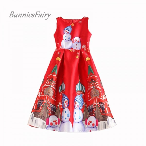 BunniesFairy 2017 New Arrival Snowman Cartoon Print High Waist Red Vest Dress Christmas New Year Party Wear Vestidos de Fiesta