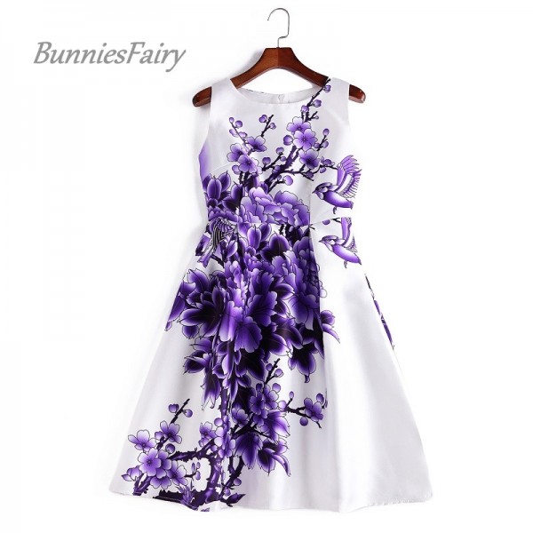 BunniesFairy 2017 New Chinese Vintage Style Flower Bird Floral Print Robe High Waist Women Summer Dress Plus Size Clothing XXXL