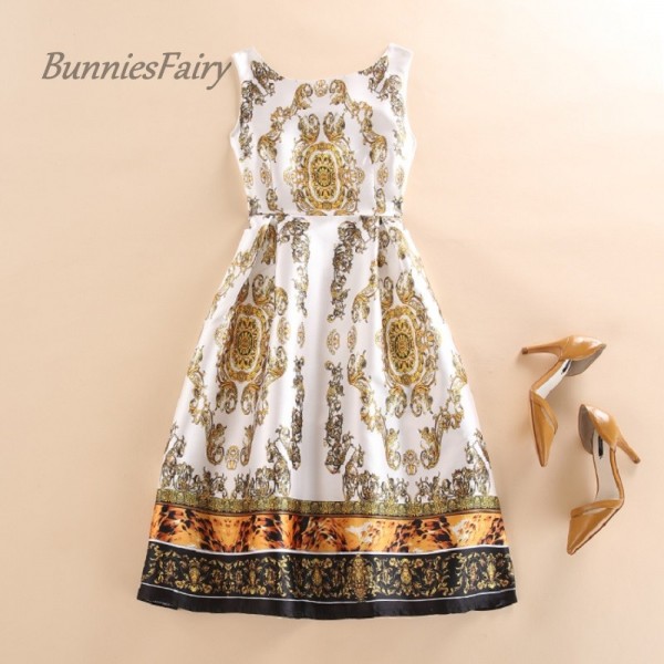 BunniesFairy 2017 Spring Summer New 1950s Women Vintage Dress Luxury Golden Floral Print Female Runway Party Wear Rockabilly 