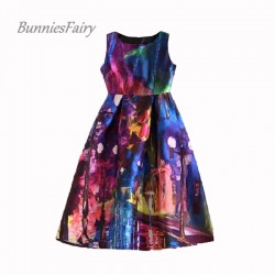 BunniesFairy 2018 Spring Summer New Womens Vintage Retro Fantasy Abstract Style Graffiti Floral Print High Waist Midi Dress