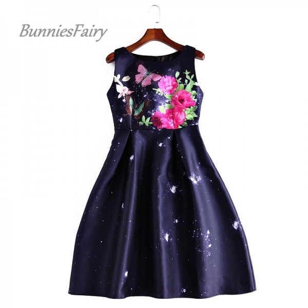 BunniesFairy 2018 Women Summer Dress Runway Vintage Fantasy Butterfly Flower Floral Print Robe High Waist Tank Dress Plus Size