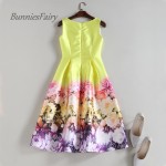 BunniesFairy Brand 2017 Spring New Women Dress Runway Vintage Fantasy Flower Floral Print Robe High Waist Yellow Tank Dress XXXL