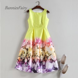 BunniesFairy Brand 2017 Spring New Women Dress Runway Vintage Fantasy Flower Floral Print Robe High Waist Yellow Tank Dress XXXL