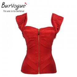 Burvogue fashion woman push up summer tank tops red satin corset top zipper bustiers with straps prom top corset cropped S-2XL