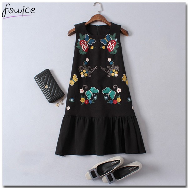 Butterfly and Flowers Embroidery Ruffles Women  Mini Dress 2017 Spring Elegant O-Neck Sleeveless Female Tank Vestido