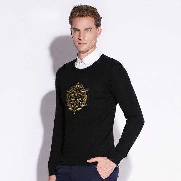 CAIZIYIJIA 2017 Spring Men's Embroidery Round Neck Sweatshirt Long Sleeve 100% Cotton Comfort Soft Stretchy Knitted Bottom Shirt