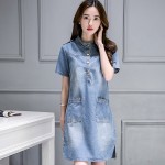 CHICD New Summer Style Plus Size Staight Denim Dress Women Short Sleeve Slim Casual Office Denim Jeans Dress Vestidos Robe XD15