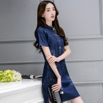 CHICD New Summer Style Plus Size Staight Denim Dress Women Short Sleeve Slim Casual Office Denim Jeans Dress Vestidos Robe XD15