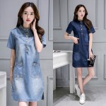 CHICD New Summer Style Plus Size Staight Denim Dress Women Short Sleeve Slim Casual Office Denim Jeans Dress Vestidos Robe XD15