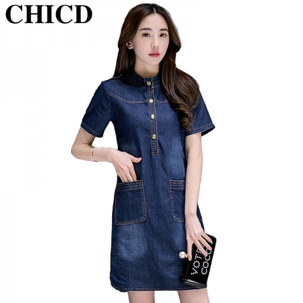 CHICD New Summer Style Plus Size Staight Denim Dress Women Short Sleeve Slim Casual Office Denim Jeans Dress Vestidos Robe XD15