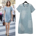 CHICD Summer Style Loose Short Sleeve Women Denim Jeans Dress O Neck Washed Beaded Elegant Evening Party Lady Dresses 4X 5XL D44