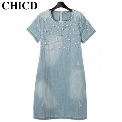 CHICD Summer Style Loose Short Sleeve Women Denim Jeans Dress O Neck Washed Beaded Elegant Evening Party Lady Dresses 4X 5XL D44