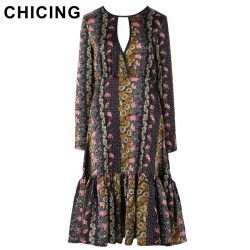 CHICING High Street Women Chiffon Hollow Out Floral Printed Sun Flower Fish Tail Dress 2017 Retro New Boho vestidos A1612035