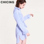 CHICING High Street Women Sashes Striped Shirt Dress 2017 Turn-down Collar Lace-Up Empire Long Sleeve Dress Vestidos A1701001