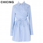 CHICING High Street Women Sashes Striped Shirt Dress 2017 Turn-down Collar Lace-Up Empire Long Sleeve Dress Vestidos A1701001