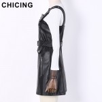 CHICING Women Black PU Leather Zipper Cotton Cool Tank Dress And Shirt Set 2017 New Fashion Strap Street Vestidos mujer B1612005