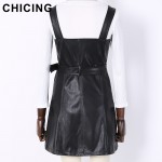 CHICING Women Black PU Leather Zipper Cotton Cool Tank Dress And Shirt Set 2017 New Fashion Strap Street Vestidos mujer B1612005