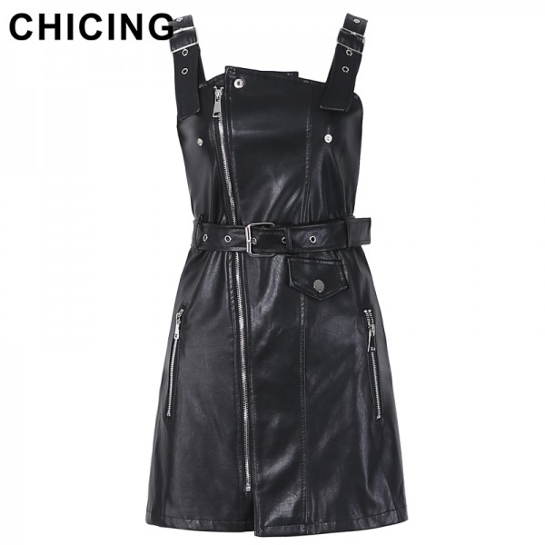 CHICING Women Black PU Leather Zipper Cotton Cool Tank Dress And Shirt Set 2017 New Fashion Strap Street Vestidos mujer B1612005