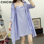 CHICING Women Blue Striped Shirt Dresses 2016 Autumn European Street Hater Neck Ties Waist Dress Casual Vestidos mujer B1607179