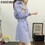 CHICING Women Blue Striped Shirt Dresses 2016 Autumn European Street Hater Neck Ties Waist Dress Casual Vestidos mujer B1607179