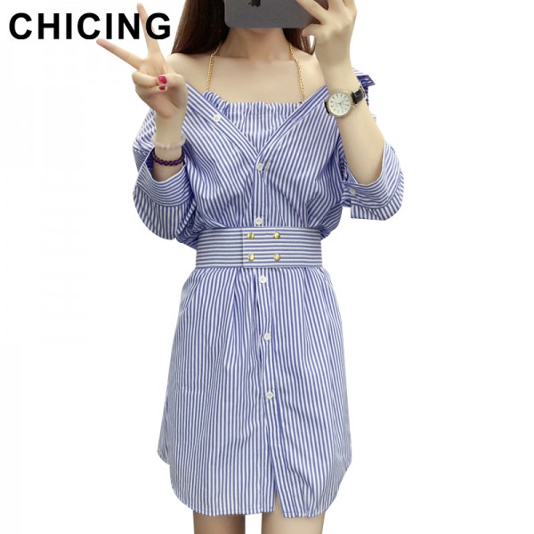 CHICING Women Blue Striped Shirt Dresses 2016 Autumn European Street Hater Neck Ties Waist Dress Casual Vestidos mujer B1607179