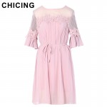 CHICING Women Chiffon Pleated Elegant Lace Splicing Mini Dress 2017 New Flare Sleeves Chic Beach Ladies Vestidos mujer A1611073