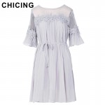 CHICING Women Chiffon Pleated Elegant Lace Splicing Mini Dress 2017 New Flare Sleeves Chic Beach Ladies Vestidos mujer A1611073