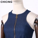 CHICING Women Fashion Bow Pocket Denim Sleeves Dresses 2017 High Street Ladies O-Neck Tank Zipper Slits Dress vestidos B1702014