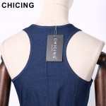CHICING Women Fashion Bow Pocket Denim Sleeves Dresses 2017 High Street Ladies O-Neck Tank Zipper Slits Dress vestidos B1702014