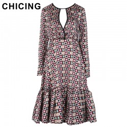 CHICING Women Vintage Chiffon Hollow Out Floral Printed Fish Tail Dress 2017 Spring New Boho Ethnic Dresses vestidos A1612034