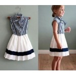 CHINGROSA Novelty Navy Blue Striped Print Pleated Girls Dresses Cotton Summer 2017 Navy Dress Kids Girls Kids Clothes for 2-8T