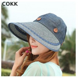 COKK New Retail Fashion Women Wide Large Brim Floppy Summer Beach A Sun Hat Straw Hat Button Cap Summer Hats For Women