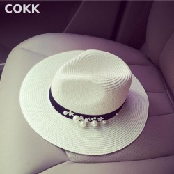 COKK New Spring Summer Hats For Women Flower Beads Wide Brimmed Jazz Panama Hat Chapeu Feminino Sun Visor Beach Hat Cappello
